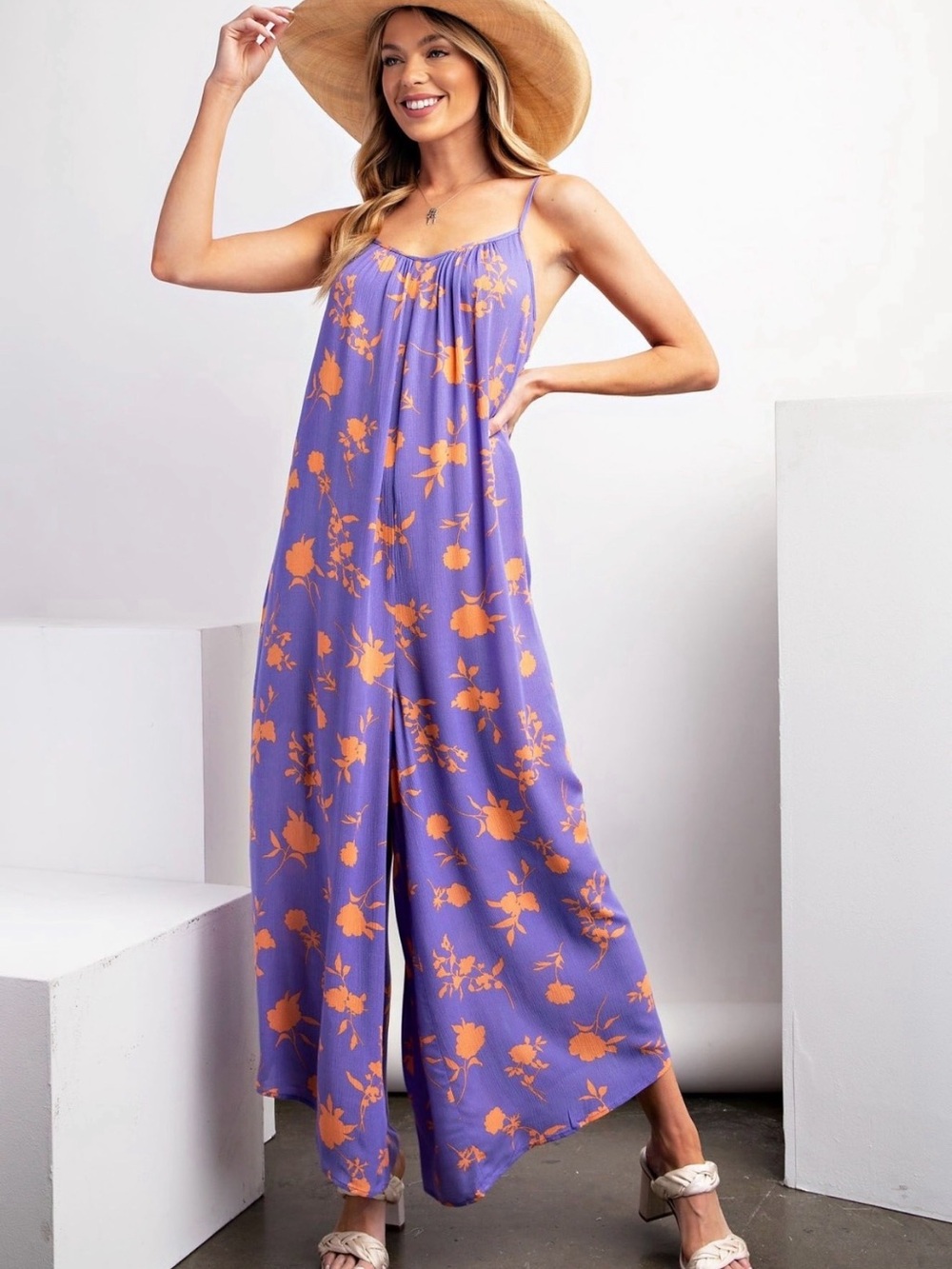 easel Purple Floral Wide-Leg Jumpsuit with Orange Print
